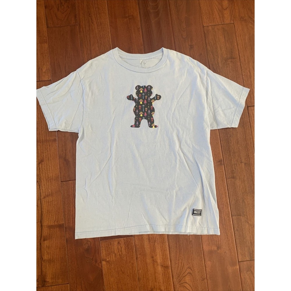 Grizzly Griptape Blue T-Shirt Black Mushroom Bear Short Sleeve tee Men's L